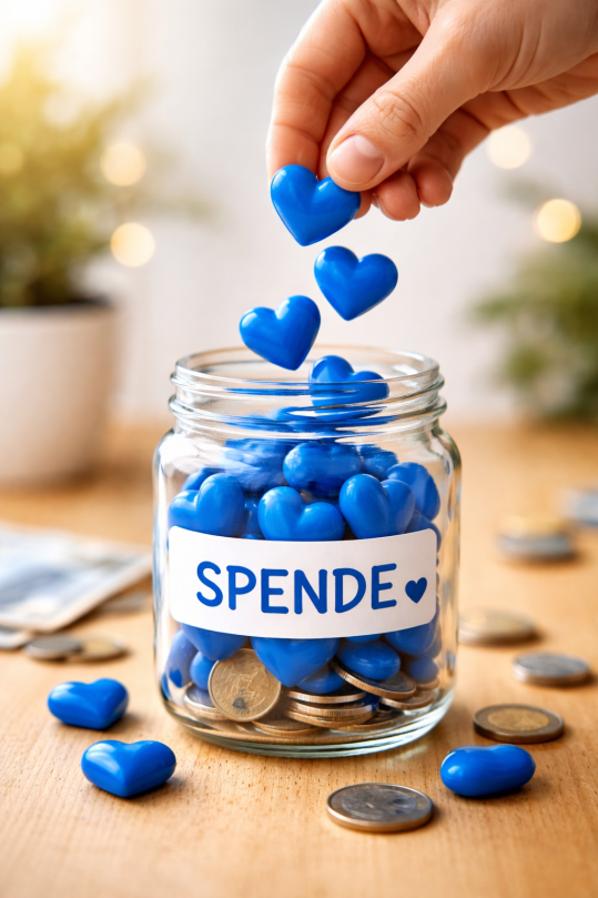 Ein Glas mit dem Text "Spende" welches mit Herzen und Geldmünzen gefüllt wird